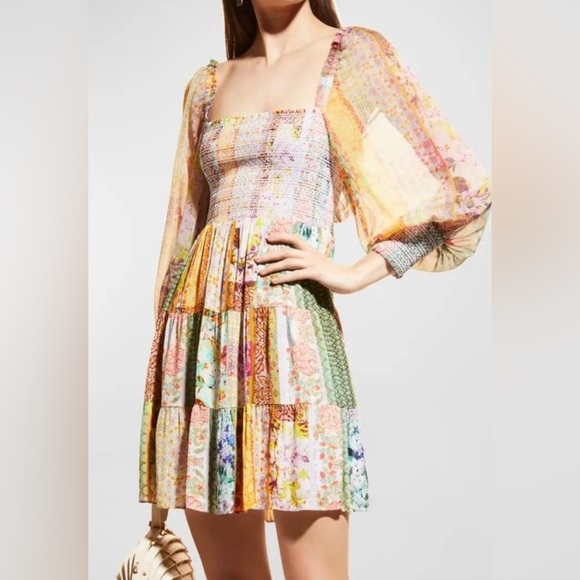 Alice + Olivia Rowen Puff Sleeve Tiered Skirt Tunic Chiffon Mini Dress - Picture 4 of 16